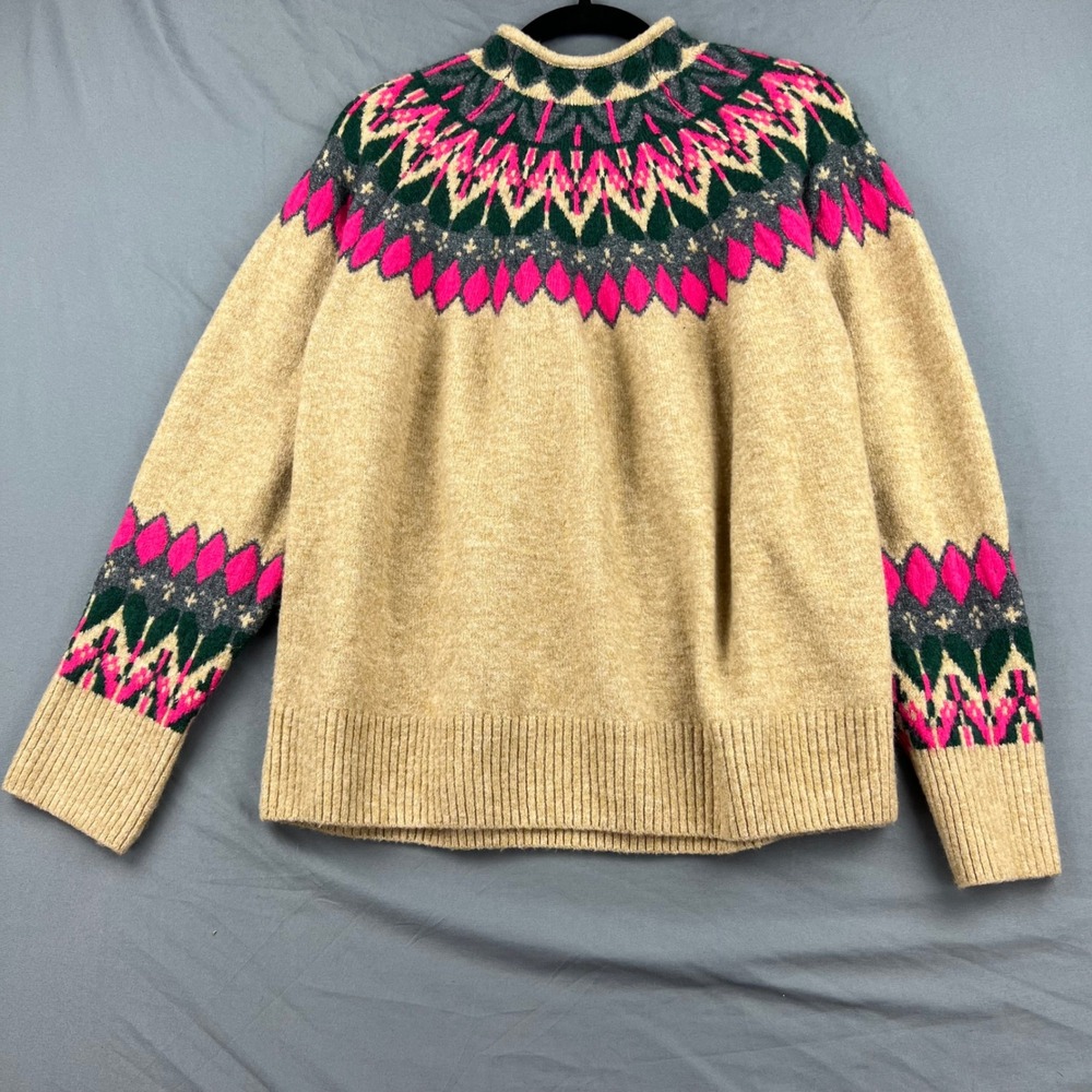 Vince Camuto Sweater Womens XL Fair Isle Yoke Tan Pink Green Knit Pullover Good